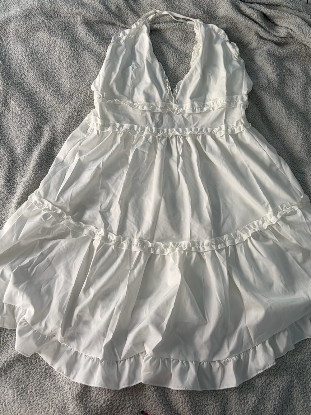 White Halter Tiered Ruffle Dress